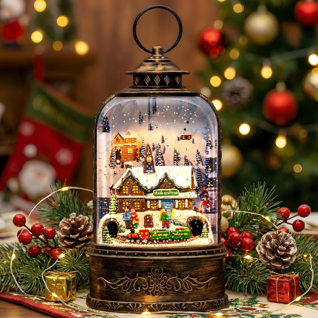 Skiennix Christmas Village Snow Globe - Musical Water Lantern with Train Station Scene | Battery or USB Powered Holiday Decoration for Tabletop Display