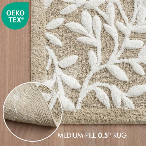 Madison Park Serene 100% Cotton Tufted Bathroom Rug - High & Low Tufting Floral Leaf Design, Quality Luxurious Plush Medium Pile Bath Mat Absorbent, Quick Dry, Shower Room Décor, 24x60 Taupe