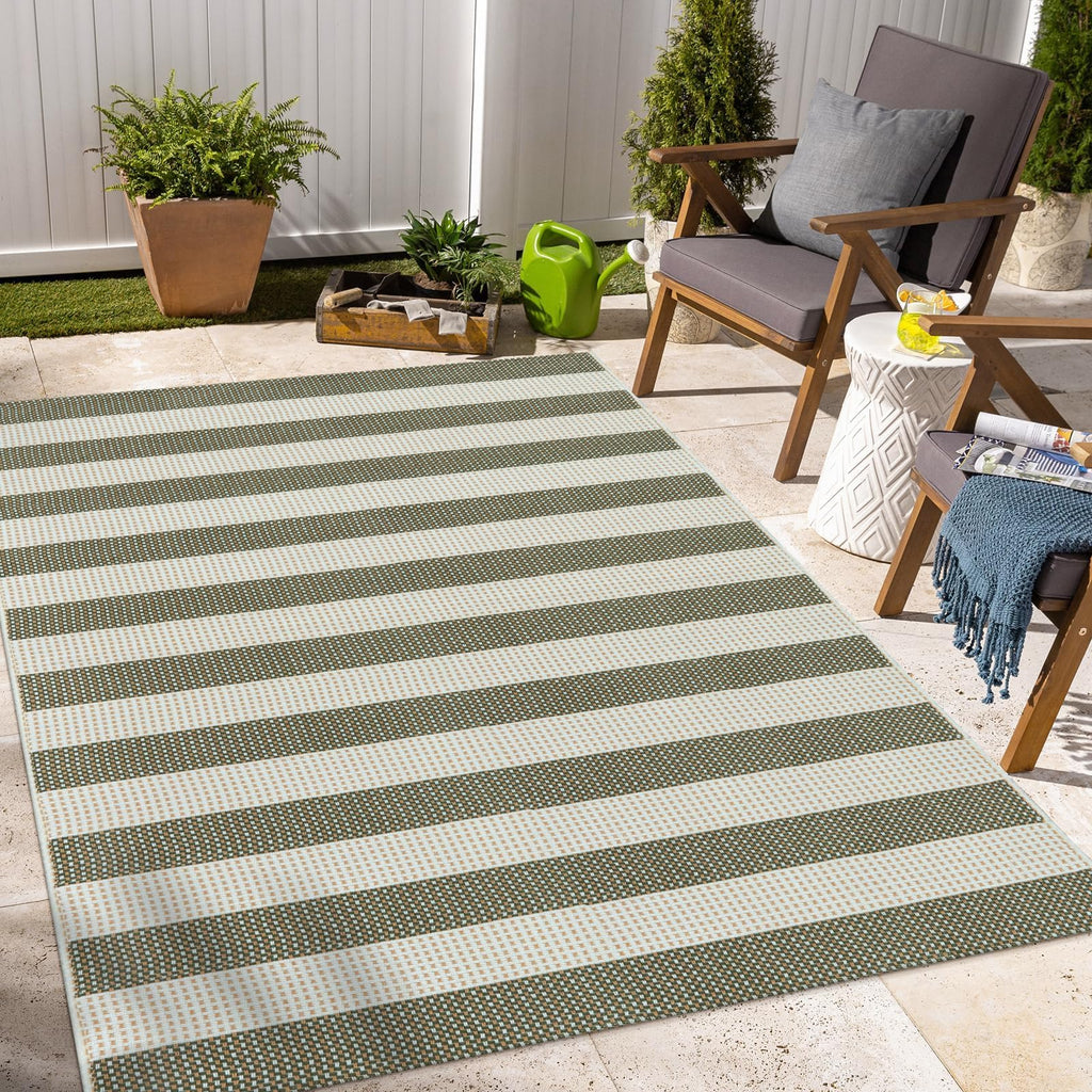 OJIA Striped Outdoor Area Rug 4'x6' Washable Patio Rugs Cotton Woven Living Room Rug Farmhouse Indoor Outdoor Rugs Large Floor Carpet for Courtyard/Bedroom/Entryway (Green/White/Tan)