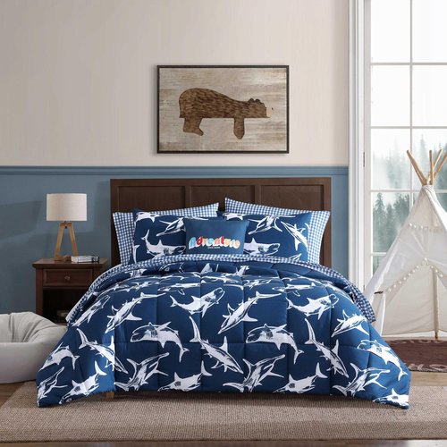 Eddie Bauer Kids - Kids Comforter Set, Super Soft Reversible Toddler Bedding with Matching Sham & Bonus Decorative Pillow, Ideal Boy Room Essentials (Vinny & Shark Friends Blue, Twin)