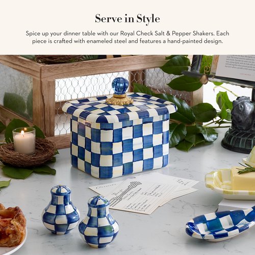 MACKENZIE-CHILDS Enamel Salt and Pepper Shakers, Kitchen Table Spice Shaker Set, Blue-and-White Royal Check, Small