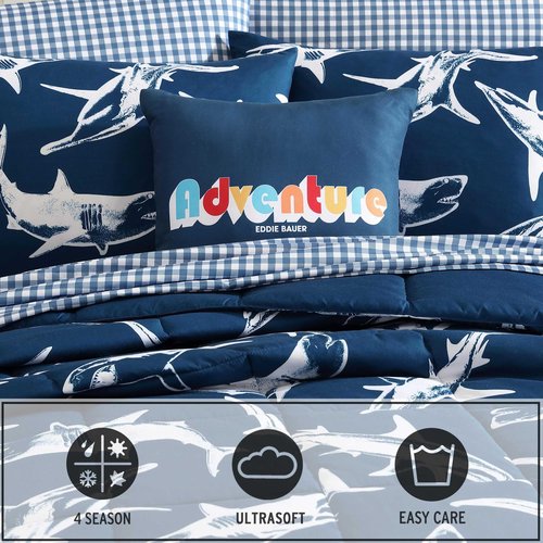 Eddie Bauer Kids - Kids Comforter Set, Super Soft Reversible Toddler Bedding with Matching Sham & Bonus Decorative Pillow, Ideal Boy Room Essentials (Vinny & Shark Friends Blue, Twin)