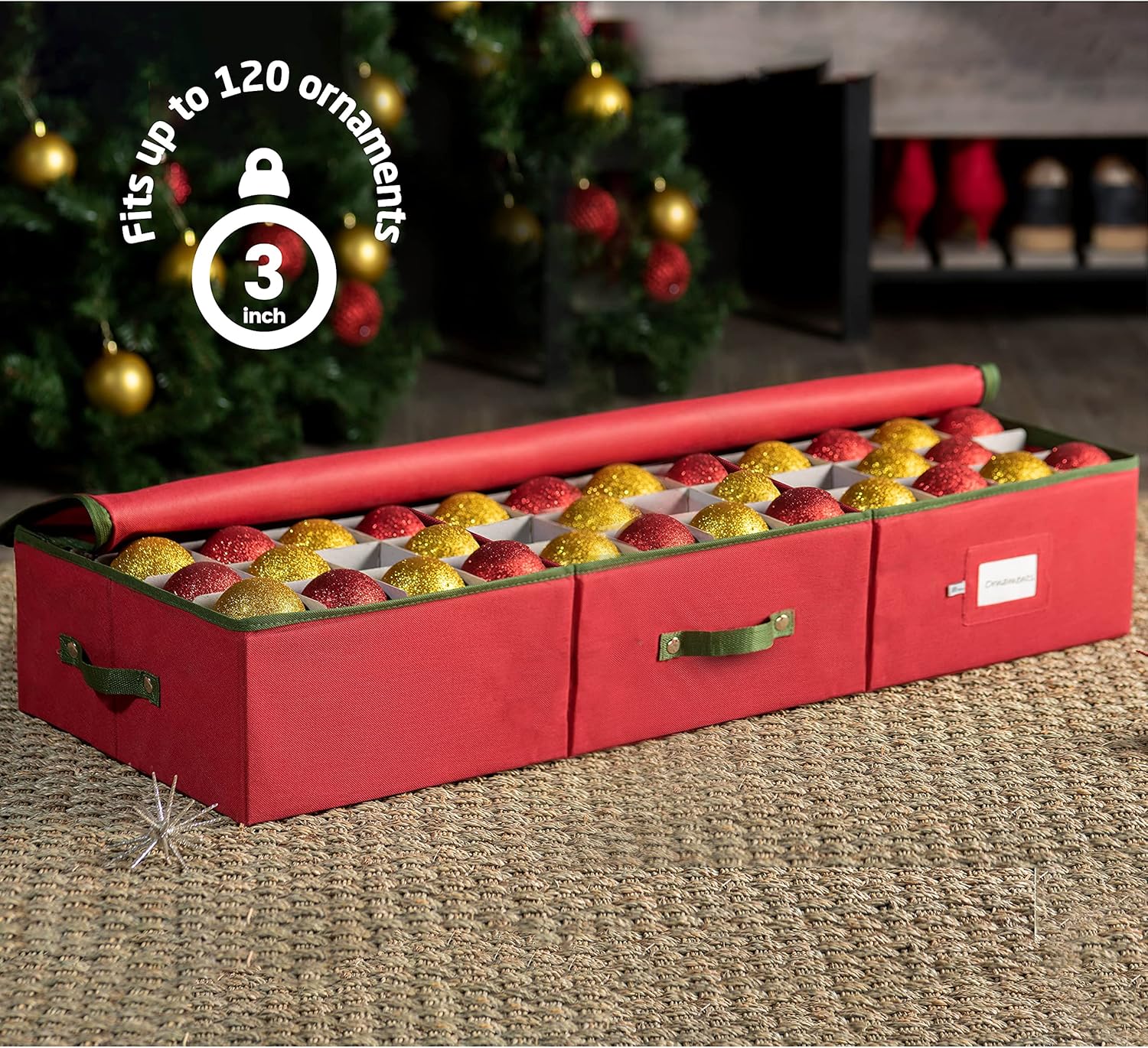 ZOBER Christmas Ornament Storage Box - Holds 120 3" Ornaments with Dividers - Durable Tear-Proof 600D Oxford Fabric - Red