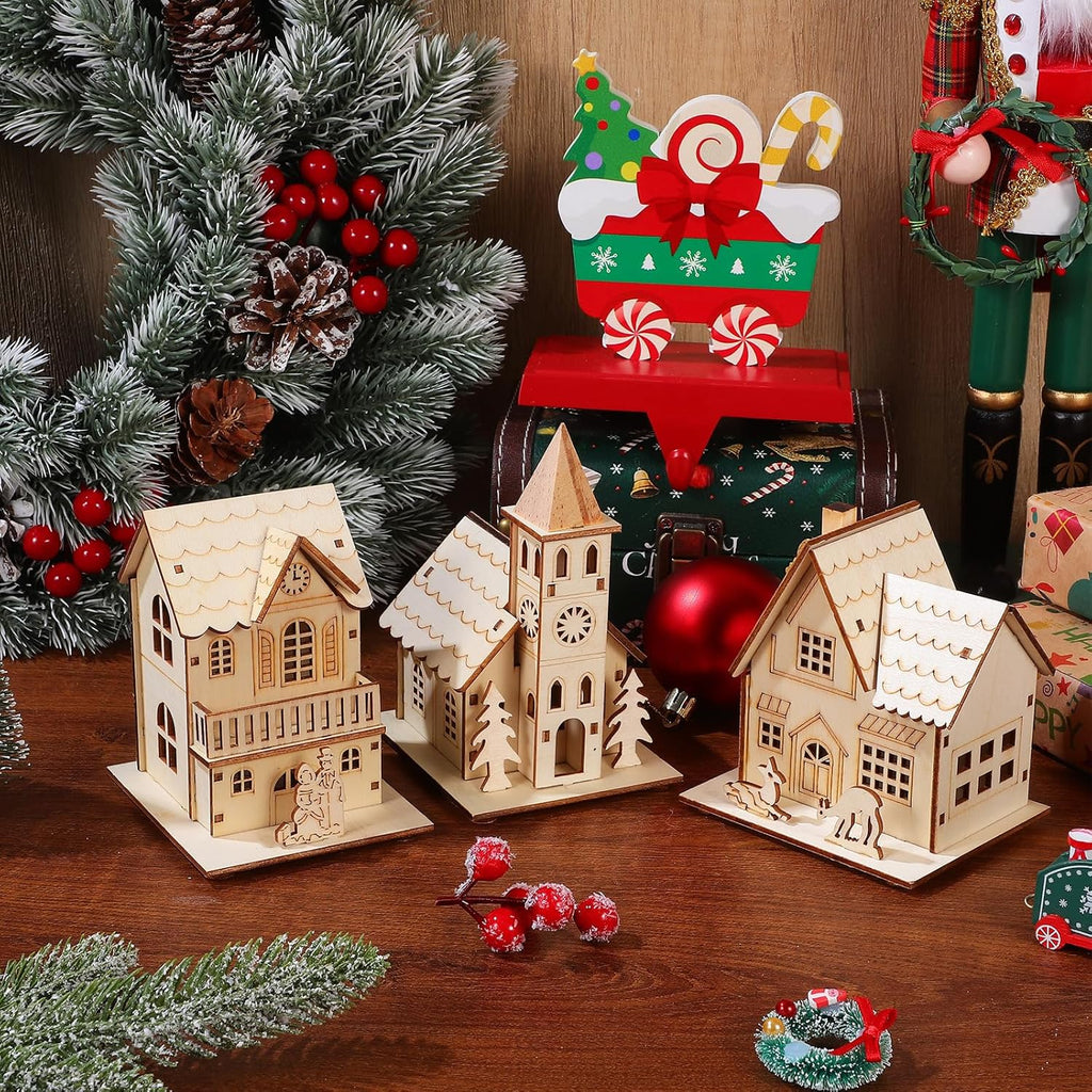 NUOBESTY Christmas Village Ornaments - 3pcs LED Luminous Wooden Houses | Festive Light Brown Decor
