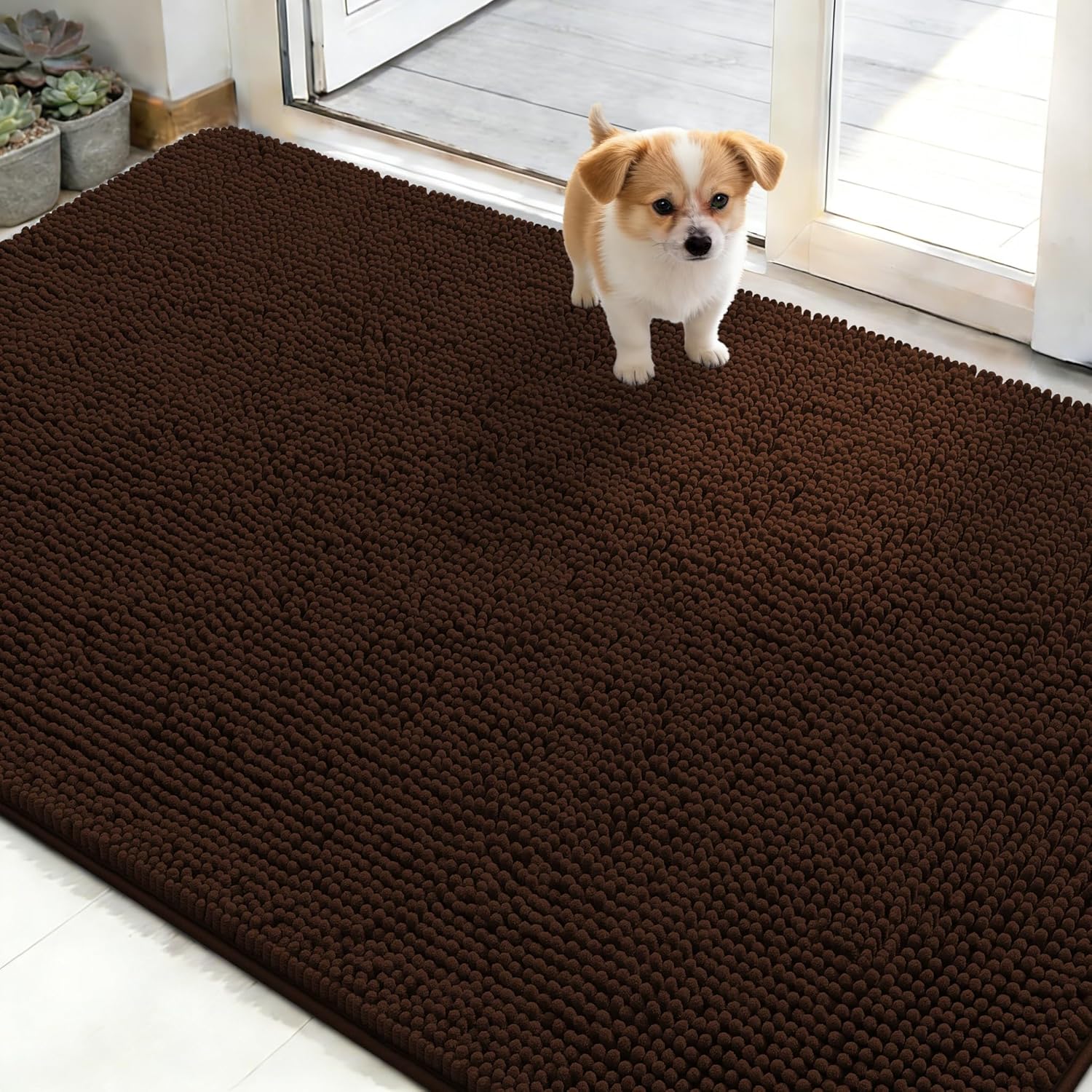 OLANLY Dog Door Mat - Absorbent Non-Slip Washable Doormat for Muddy Paws | 48x30 Brown Chenille Mat