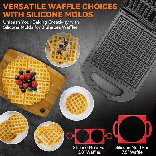 Baker's Friend Multi Shapes Waffle Iron, A Combo of Mini Waffle Maker, American Classic Waffle Maker, Belgian Waffle Machine Thick & Chaffle Maker, Waflera Electrica, With 2 Silicone Molds, Graphite