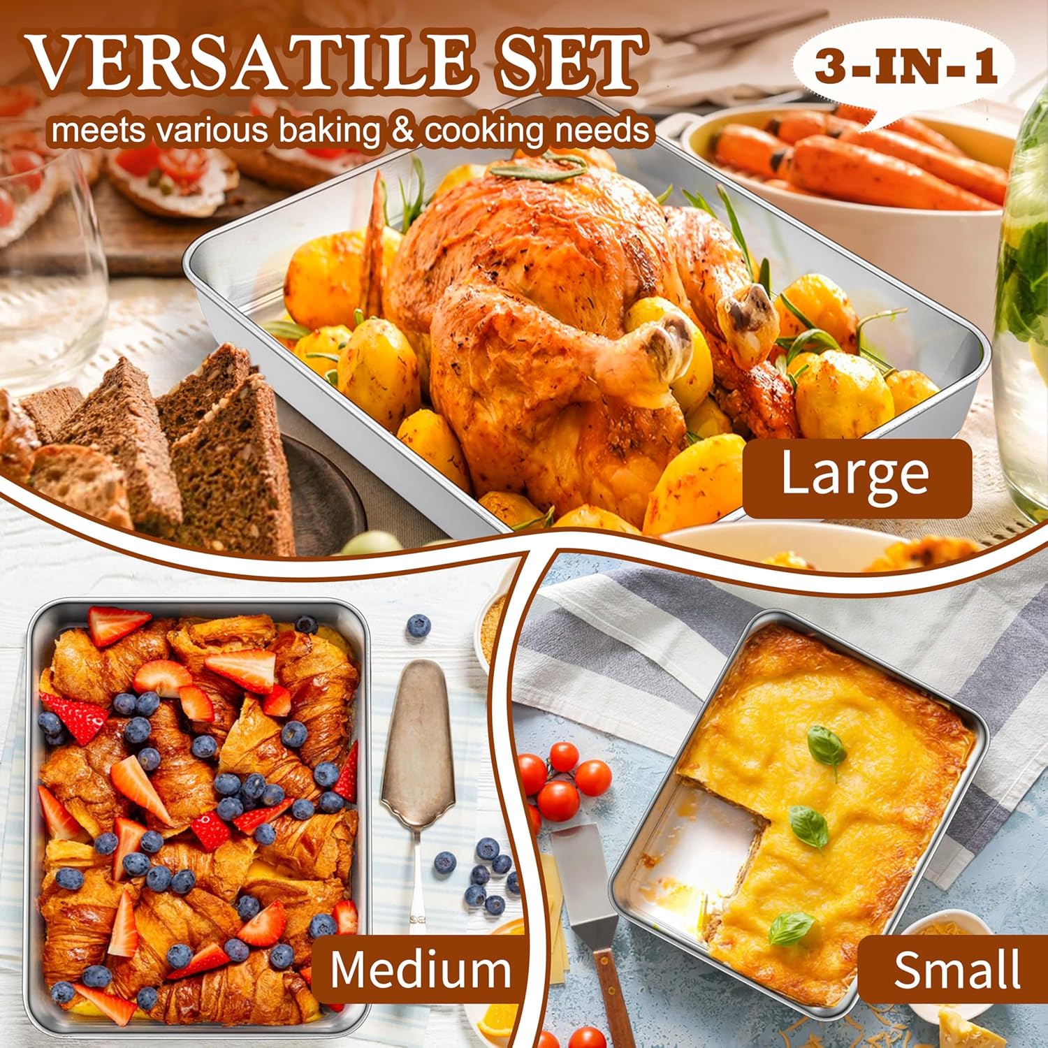 TeamFar Baking Pans Set - Stainless Steel Deep Cookie & Cake Pans | 12.5", 10.5", 9.4" Rectangle Bakeware for Healthy Home Baking