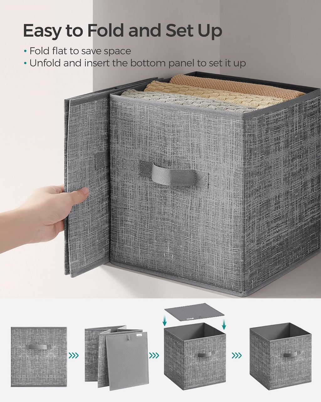 SONGMICS Storage Cubes - Foldable Non-Woven Fabric Bins with Double Handles - Set of 8, Cattail Gray, 10.2 x 10.2 x 11 Inches
