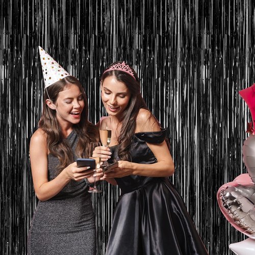 2026 Graduation Party Decorations | 2 Pack Black Backdrop with Metallic Fringe Tinsel Curtains - 3.28 FT x 7.05 FT