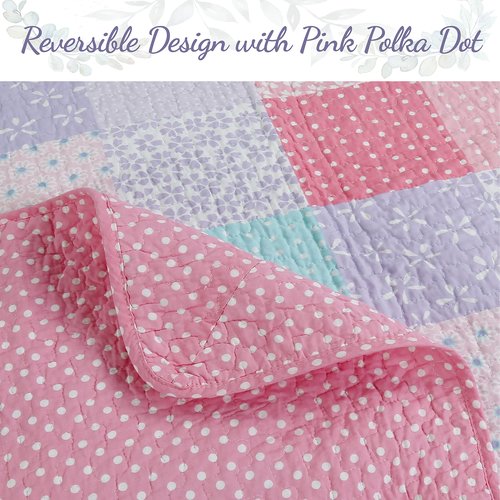Cozy Line Home Fashions Angelina Floral Dot Pink Light Purple Blue 100% Cotton Reversible Girl Quilt Bedding Set, Bedspread, Coverlet (Twin - 2 Piece)