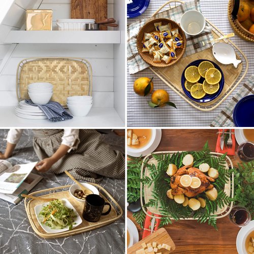 PEMAR Large Bamboo Wicker Serving Trays Set of 2 – 19.3″ x 13.8″ Rectangular Hand-Woven Lap/Breakfast Trays with Handles – Rustic & Decorative Kitchen, Coffee Table & Bed Tray