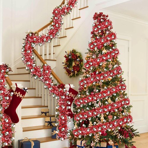 50 Ft Christmas Tinsel Garland Christmas Decorations with Snowman Candy Cane Red Metallic Christmas Garlands for Tree Decor Indoor Outdoor Christmas Party Decorations Home Mantle Fireplace