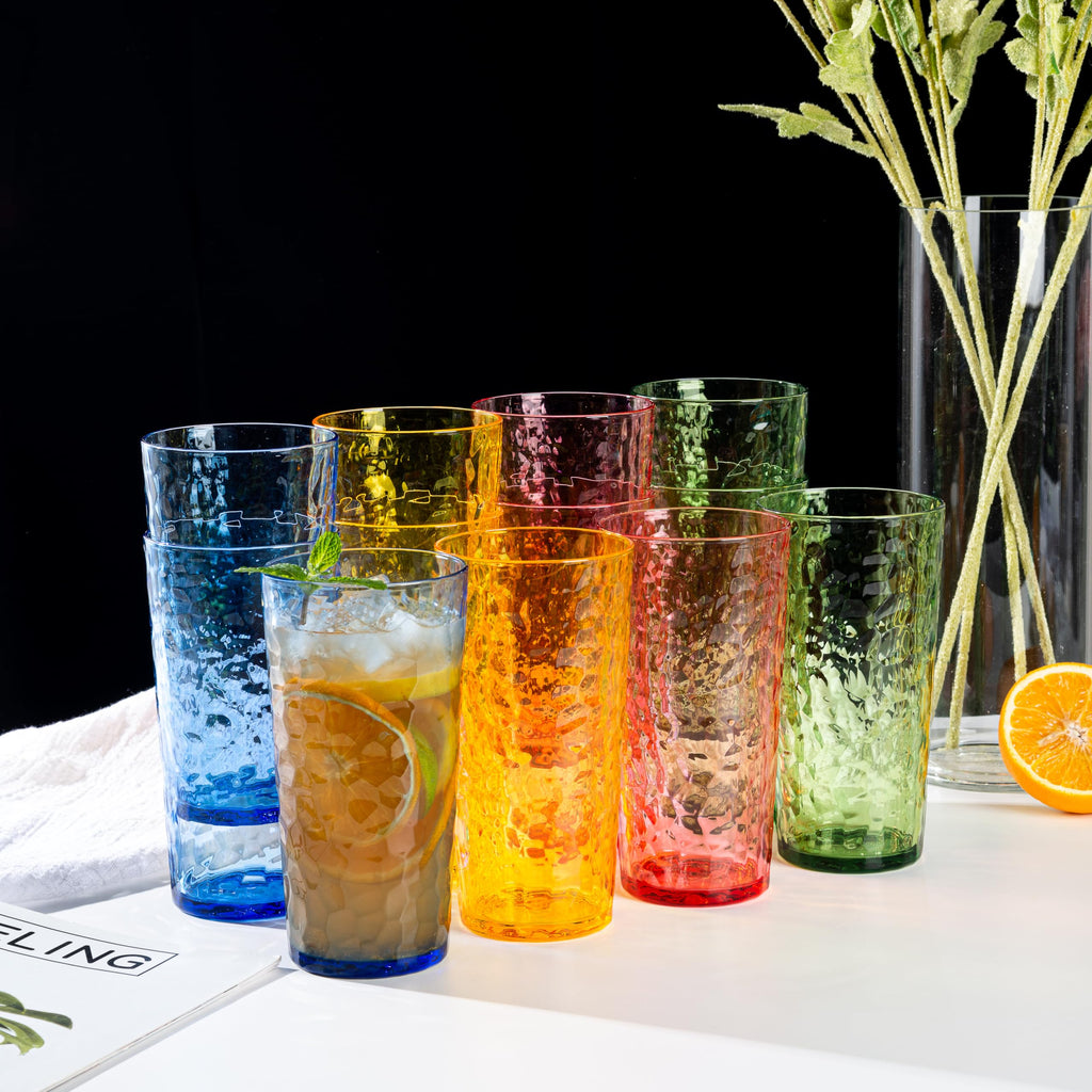 ZAINCA 24-ounce Plastic Tumblers, Acrylic Drinking Glasses High-Balls, Reusable Plastic Cups, set of 12 Multicolor Hammered Style Stackable, BPA-Free, Shatter-Proof, Dishwasher-Safe