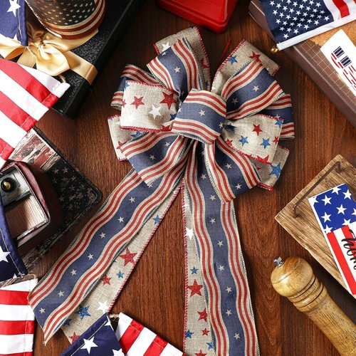 Moucuny Patriotic Burlap Bows - 4th of July Red, White & Blue Stars | Memorial Day Tree Topper & Wreath Decor
