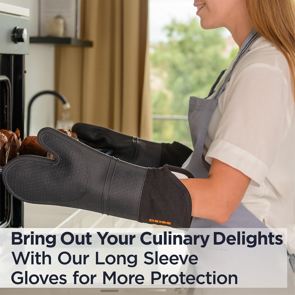 Deiss PRO Heat and Stain Resistant Silicone Oven Mitts Set, Soft Cotton Lining BBQ Gloves, Waterproof, Extra Long Flexible Thick Kitchen Mitts for Cooking, Non-Slip Grip Oven Gloves