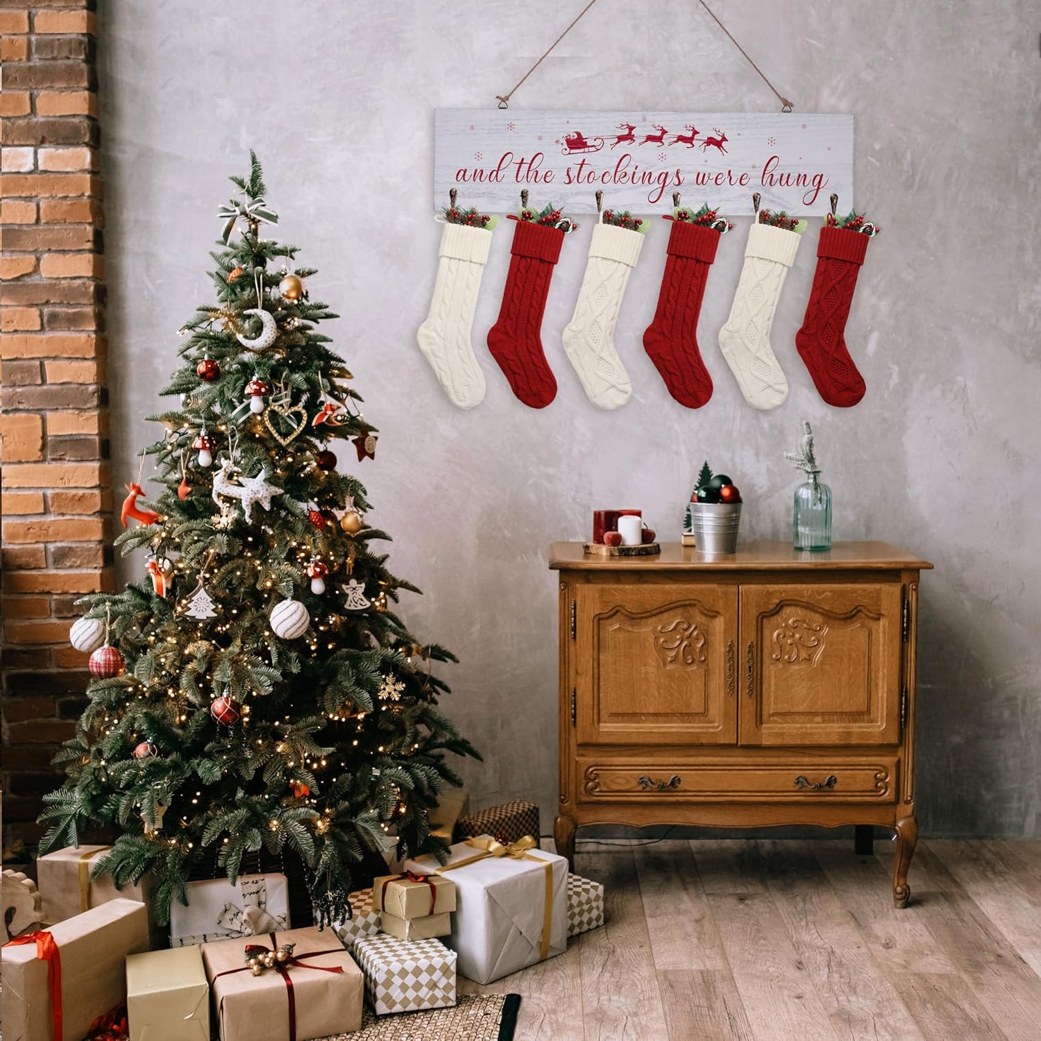 Regine Switzerland Christmas Stocking Holder - 24 Inch White Wall Sign with 6 Hangers for Mantel