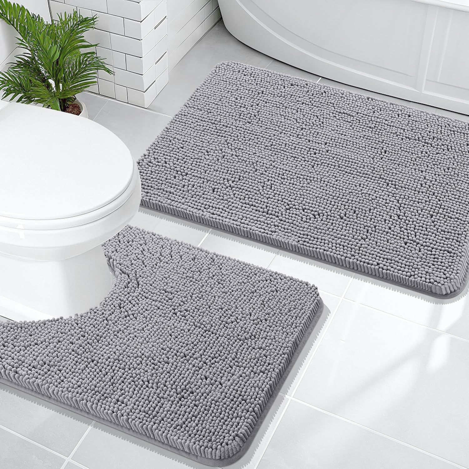 OLANLY Chenille Bath Rug Set - U-Shaped Toilet Rug & Bathroom Mats | Grey, 3-Piece Bundle (30x20, 24x20)