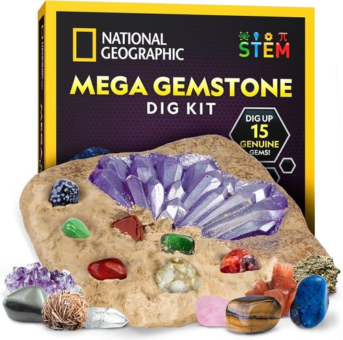 National Geographic Mega Gemstone Dig Kit - Discover 15 Real Gemstones & Crystals | Fun Science Kit for Kids
