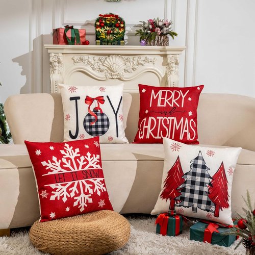 Hongsome Red Christmas Throw Pillow Covers - Set of 4 Joyful Snowflake Design | 18x18 Inches for Holiday Decor