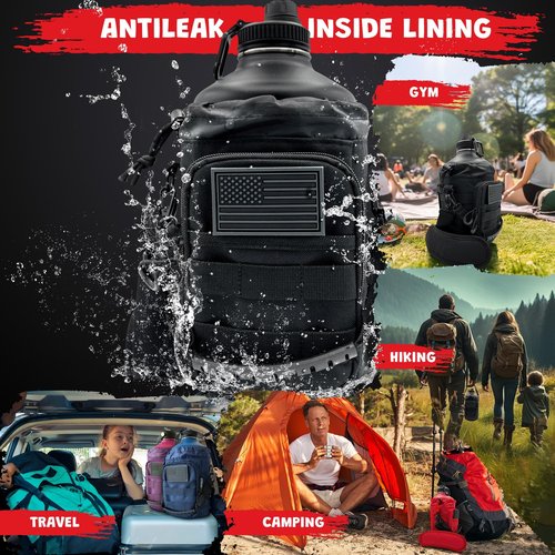 LUNCHALOT 1 Gallon Water Bottle - 128 Oz Insulated Stainless Steel Metal Water Bottle with Holder - Carrying Bag - Spout Handle - Straw Lids - Keep Cold & Hot - Black Tactical Flask