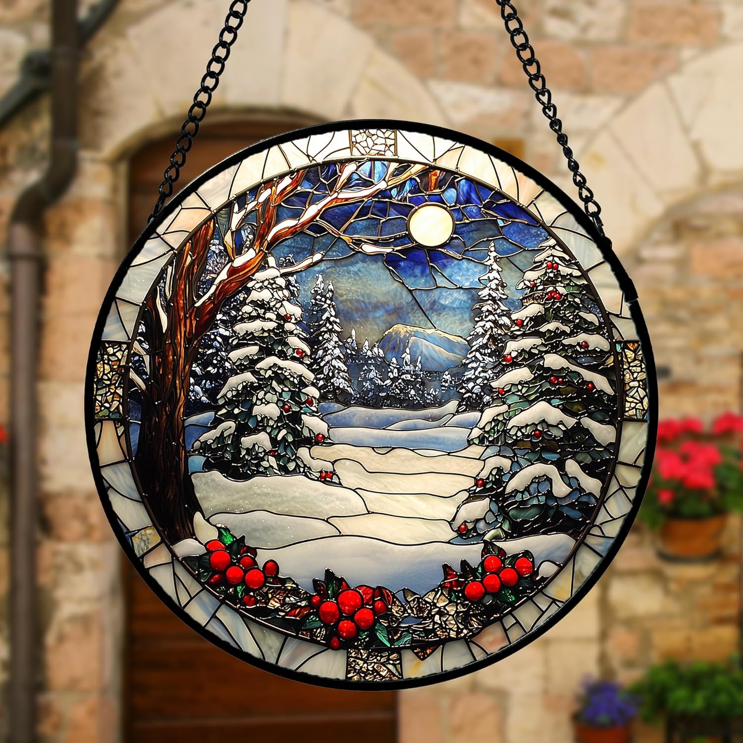 DASTOLL Stained Glass Window Hanging - Winter Snow Night Scenery Suncatcher | 7.8" Home Decor Gift