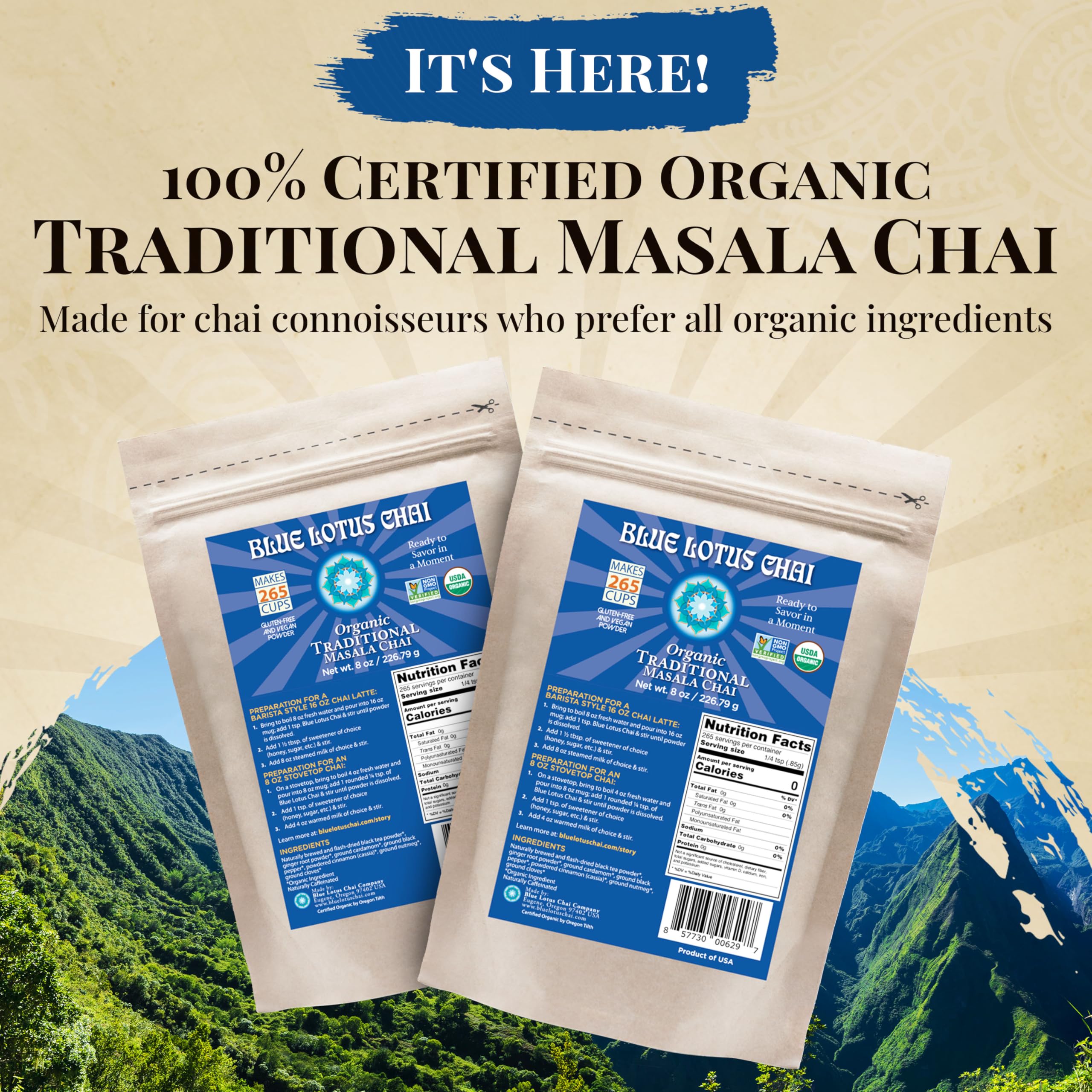 Blue Lotus Chai – Fully Organic Traditional Masala Chai - Makes 265 Cups – Just Add Hot Water, No Steeping, No Gluten - 8 Ounce Masala Spiced Chai Powder with Organic Spices – Authentic Indian Tea