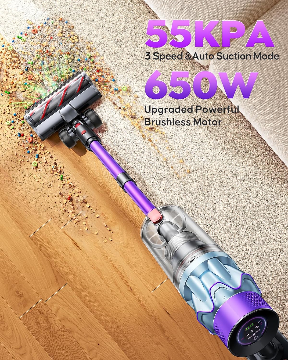 Skiennix Cordless Vacuum Cleaner - 70 Min Runtime, 650W Power, Self-Standing Design | Auto Mode & Wall Mount Charging for Home & Car
