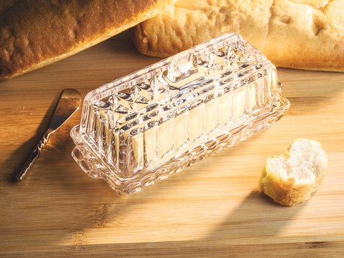 Butter Dish - Cheese Dish - Covered - Cut Crystal Glass - - Rectangular - 7.25" Length - Made in Europe - by Barski