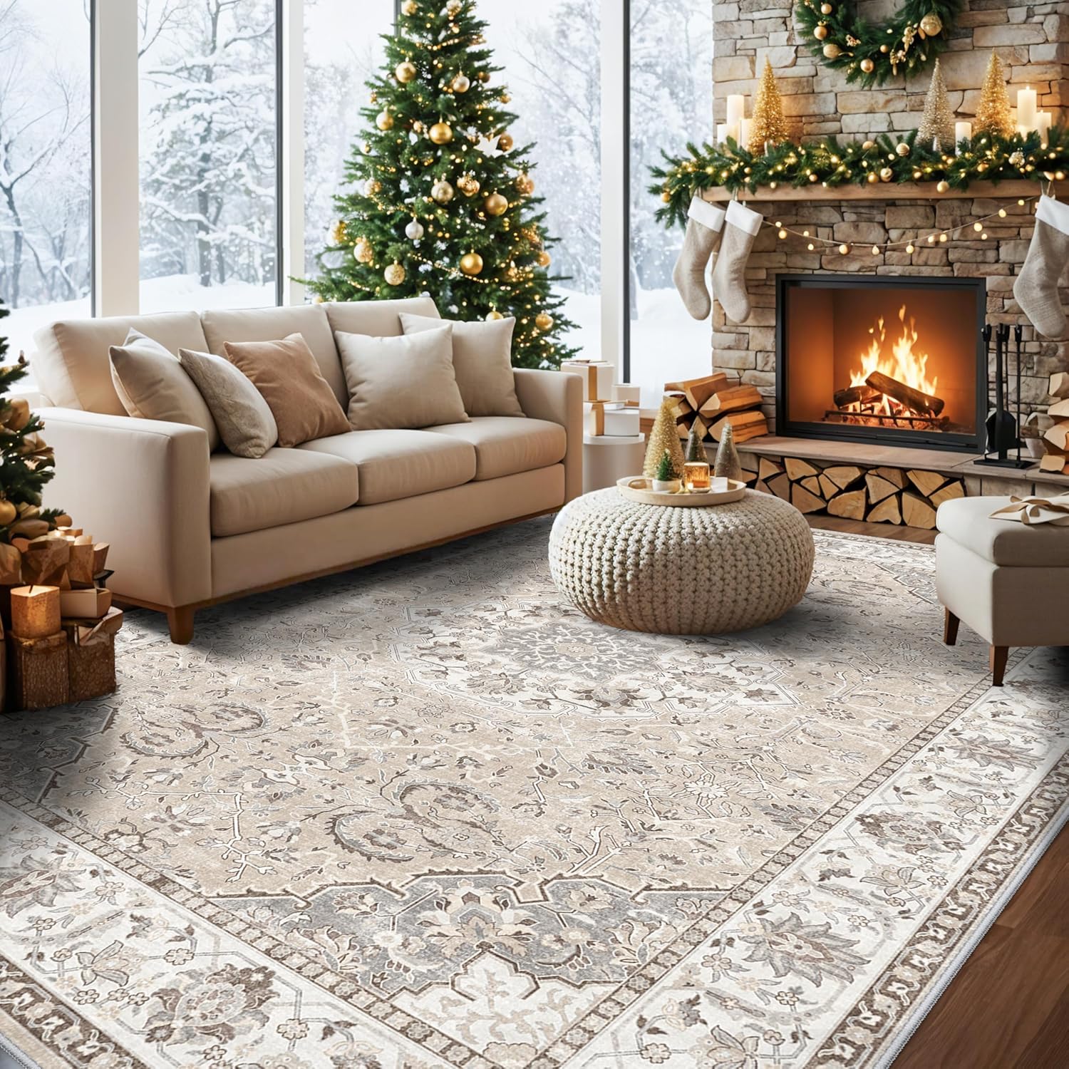 Skiennix Washable Large 9x12 Area Rug - Soft, Non-Slip, Stain-Resistant Carpet for Living Room & Bedroom (Beige)