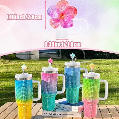 Flower Straw Toppers Set, 10mm Flower Straw Covers Topper for Stanley Cup 30oz 40 0z Tumblers, Cute Summer Themed Cup Toppers for Girls, Reusable and Shiny