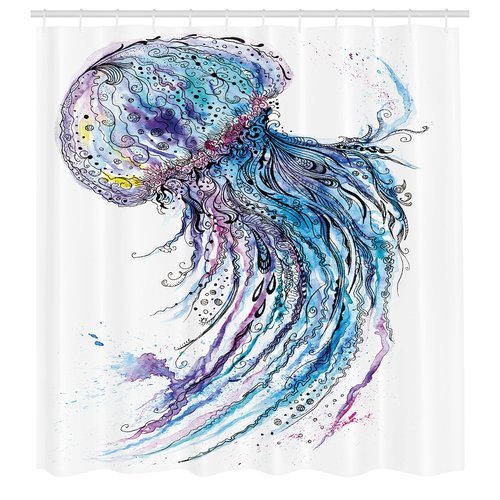 Ambesonne Jellyfish Shower Curtain, Aqua Colors Art Ocean Animal Print Sketch Style Creative Sea Marine Theme, Cloth Fabric Bathroom Decor Set with Hooks, 69" W x 84" L, Blue White