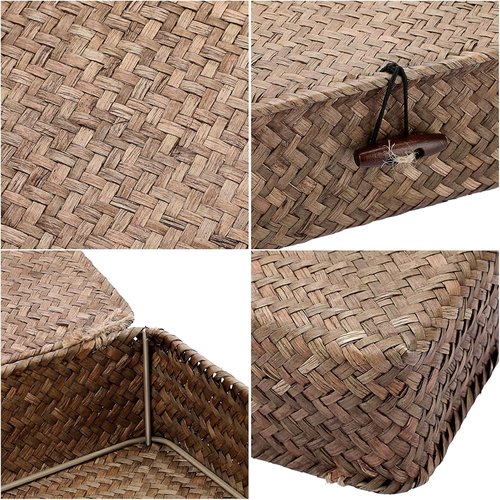 Hipiwe Flat Wicker Basket Bins - Set of 3 Handwoven Seagrass Storage Baskets | Large 14.8"x13" Coffee Color