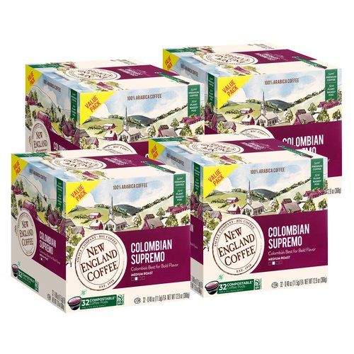 New England Coffee Colombian Supremo Medium Roast Single Serve Pods, 32ct Box (Pack of 4)
