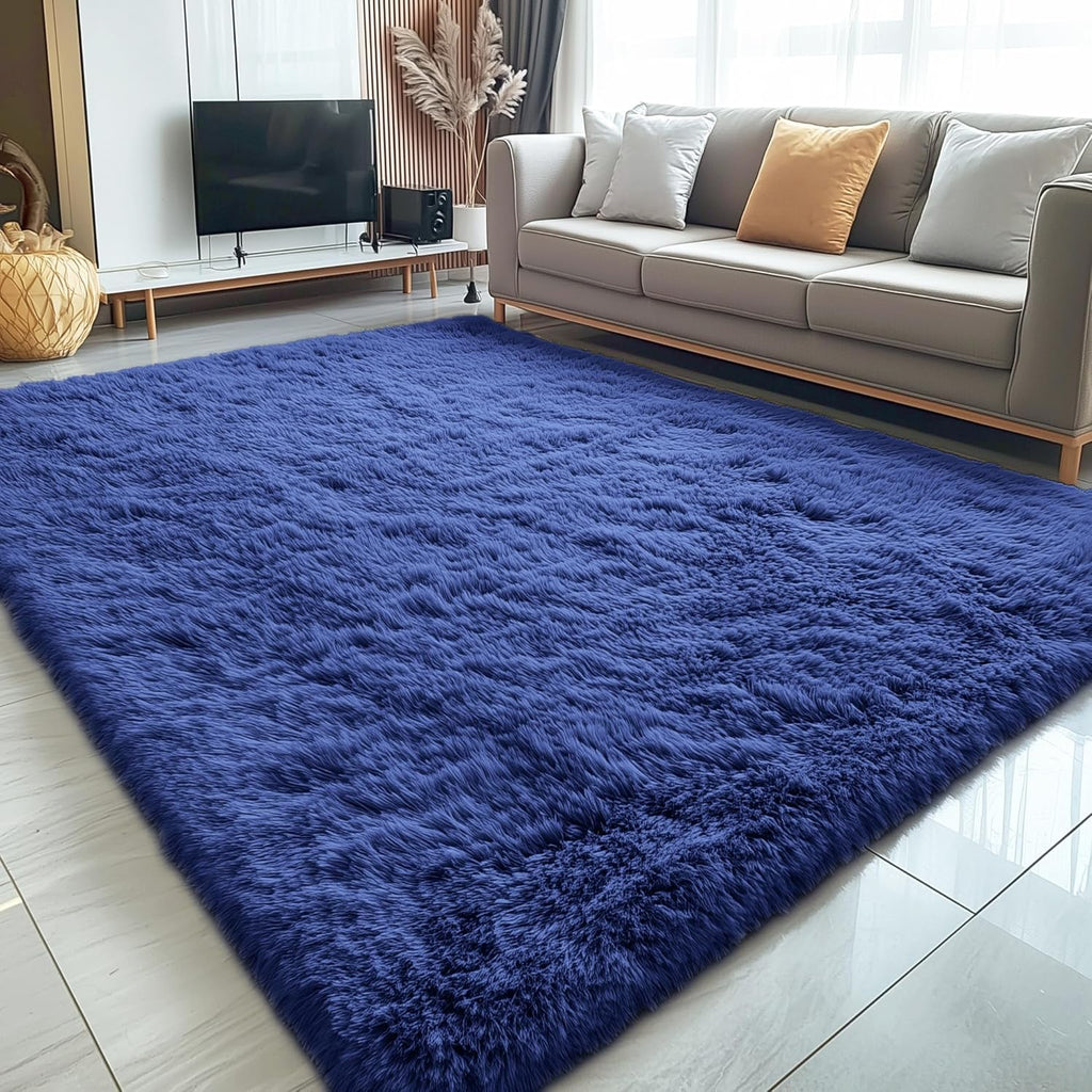OLANLY Large Area Rug - Soft Fluffy Shaggy Carpet for Living Room & Bedroom | 7x10 Navy Blue