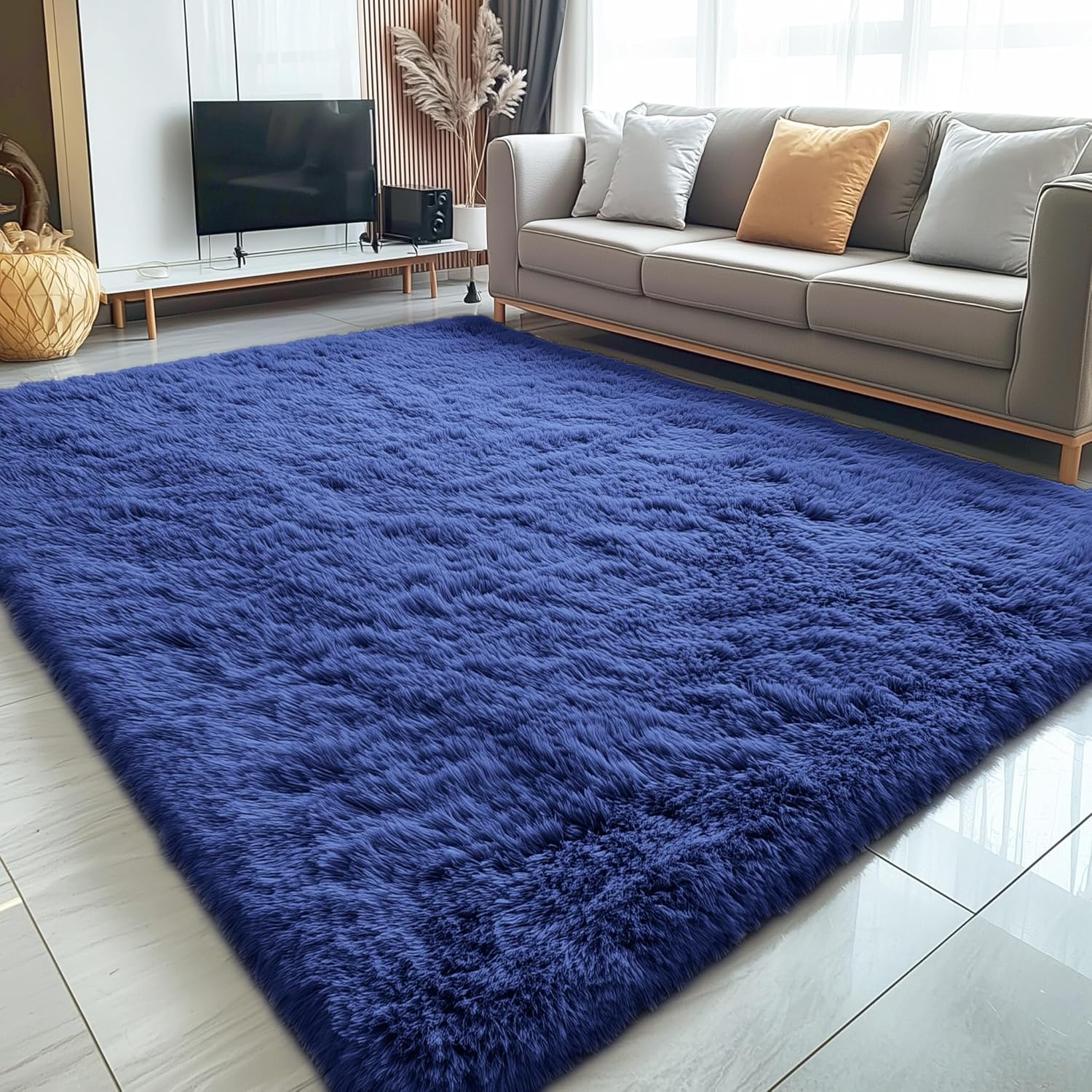 OLANLY Large Area Rug - Soft Fluffy Shaggy Carpet for Living Room & Bedroom | 7x10 Navy Blue