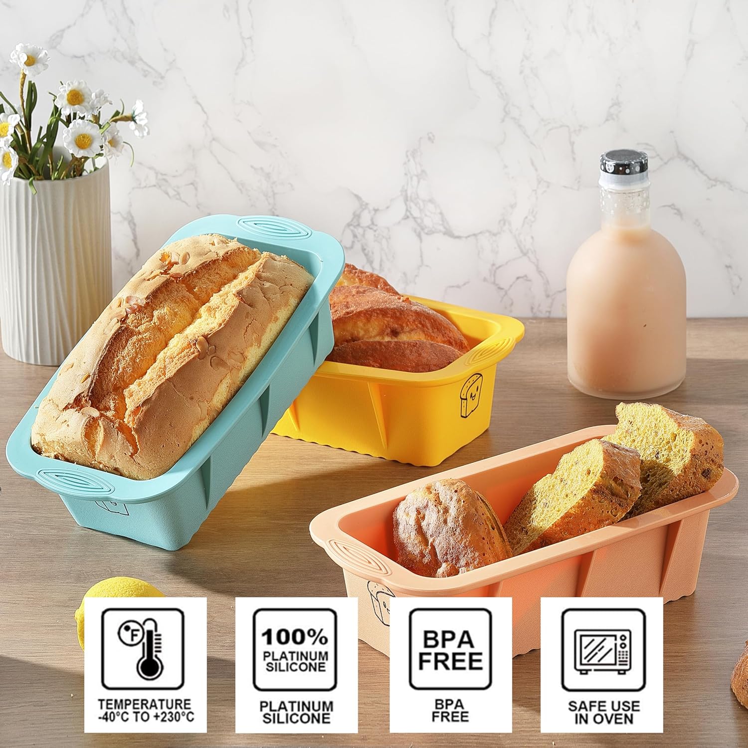 Skiennix Silicone Bread Loaf Pan Set - Non-Stick Baking Pans for Homemade Bread & Cakes | 3 Colors, Dishwasher Safe