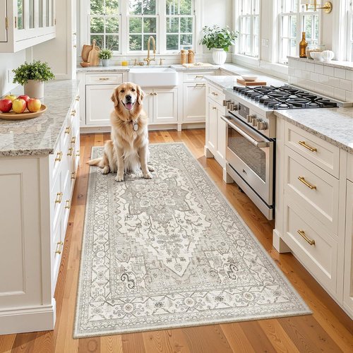 Madane Hallway Runner Rug - Vintage Washable Non-Slip 3x6 Soft Floor Mat | Beige/Brown for Entryway & Living Room