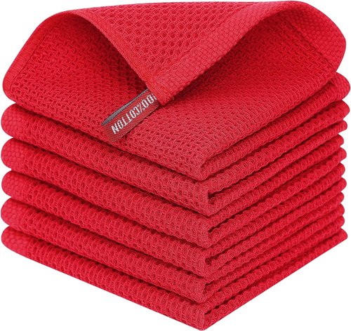 Homaxy 100% Cotton Dish Cloths - Ultra Soft & Absorbent Quick-Drying Towels | 12x12 Inches, 6-Pack, Red