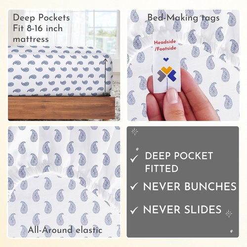 California Design Den Full Size Bed Sheets Set - 400 Thread Count Sateen, 100% Cotton, Deep Pocket - Paisley Blue