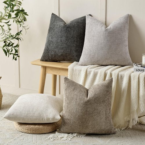 Volcanics Boho Throw Pillow Covers 20x20 Set of 4, Neutral Chenille Decorative Cushion Covers for Couch, Sofa, Bedroom, Living Room, Farmhouse & Mid-Century Modern Home Decor