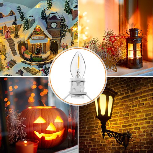 Meonum Christmas Village Lights Cord with 9 Bulbs, 18FT C7 LED Lamp with Dimmer & Female Plug, Blow Mold Light Cord for Christmas Houses Villages, Holiday Craft Decorations, Night Light(White)