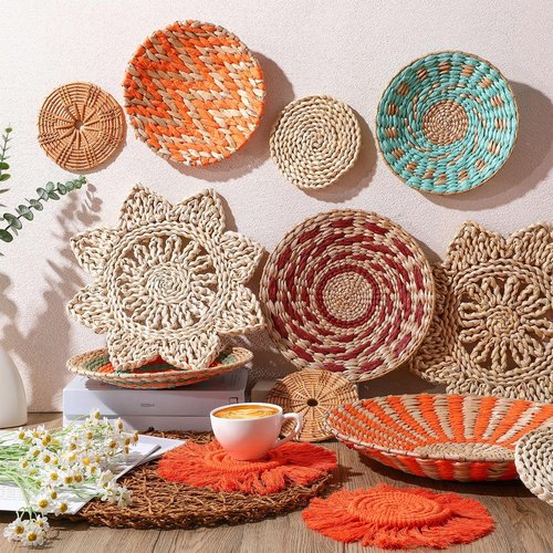 Anglechic 15 Pcs Boho Wall Basket Decor Woven Rattan Seagrass Wall Decor Hanging Rustic Farmhouse Western Art Decoration for Nursery Living Room Bedroom Home Kitchen(Orange Style)