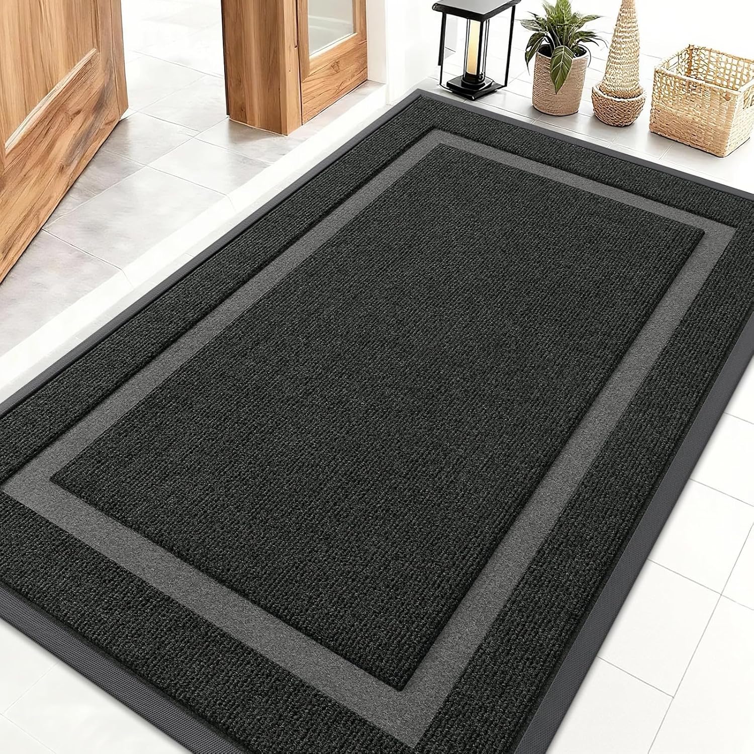 OLANLY Waterproof Front Door Mat - All-Season, Sturdy Natural Rubber, Easy Clean | 47x30, Black