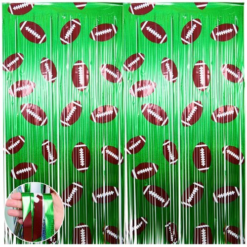 2Pcs Football Background Party Decorations,3.3x6.6 ft Football Foil Fringe Curtain Streamers,Sports Themed Superbowl Birthday Party Supplie
