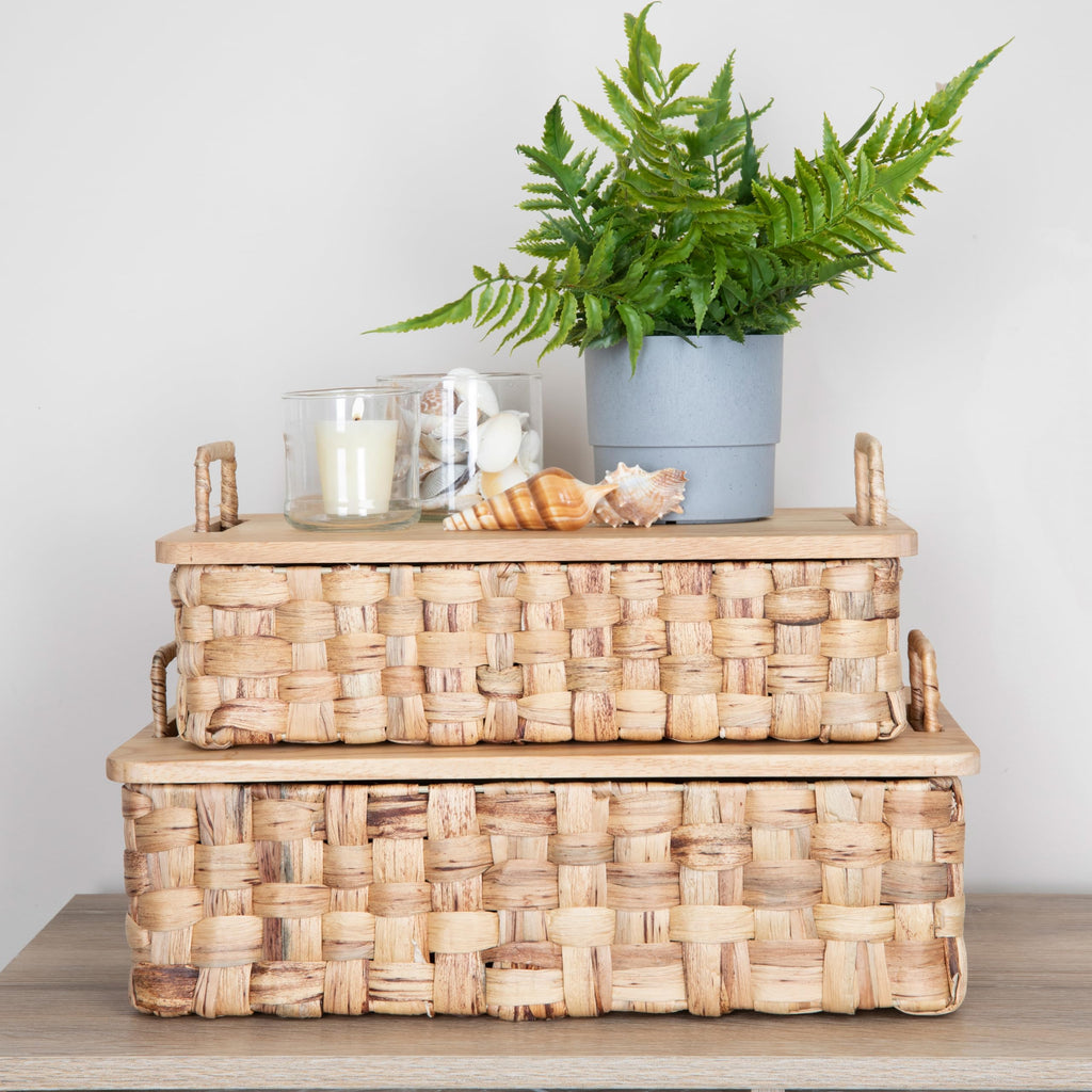 Household Essentials Stackable Hyacinth Baskets with Oak Lids, Natural, Set of 2