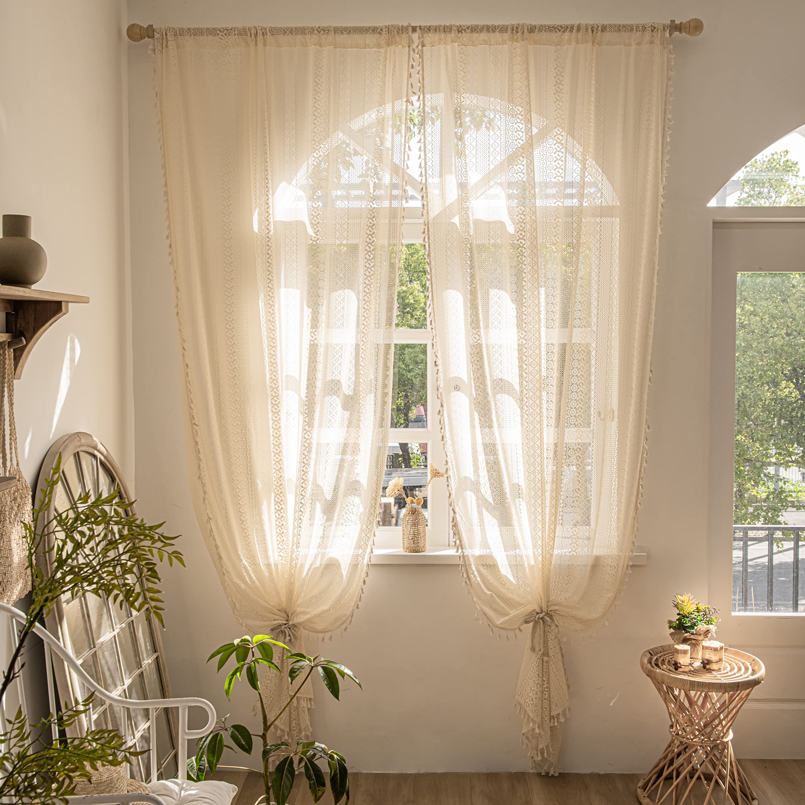 Sutuo Home Boho Curtains 84 Inches Length for Bedroom, Window Treatments Bohemian Sheer Crochet Lace Vintage Drapes Pair, Beige Geometry Knitted with Handmade Tassels Rod Pocket, 52" x 84"，2 Panels