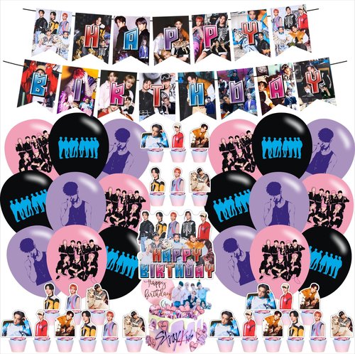 Stray Kids Merch 5 Star Birthday Party Decoration, Include Stray Kids Theme Party Banner, Cake Topper, Latex Balloons for Adult Fans Music Birthday Party