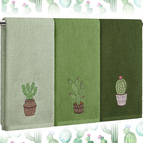 FuWeave 3 Pcs Green Cactus Summer Hand Towels for Bathroom 100% Cotton 29.5 x 13.8'' Embroidered Decorative Absorbent Soft Bath Hand Towels for Bathroom Kitchen Gift Decor