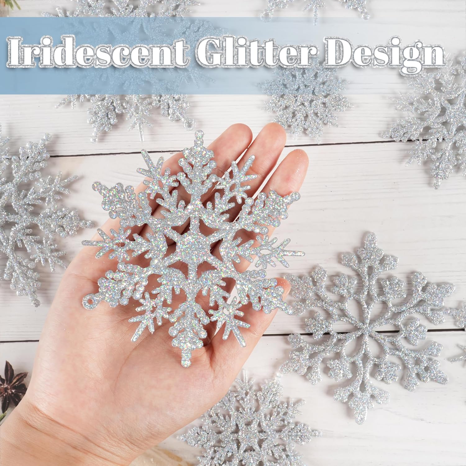 Skiennix 36-Piece Iridescent Silver Christmas Snowflake Ornaments - Sparkling Glitter Decor for Holiday Home & Winter Parties