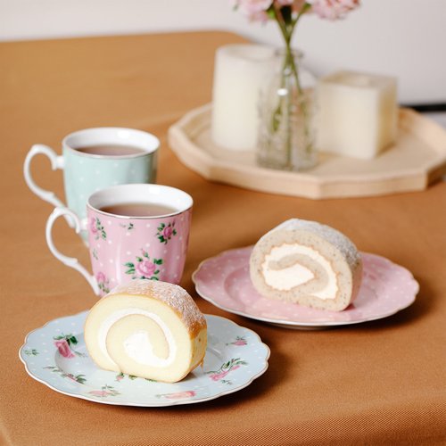 BTaT- Porcelain Floral Plates, Royal Dessert Plates, 8 inch, Set of 8 and Royal Coffee Mugs, 12 oz, Set of 8